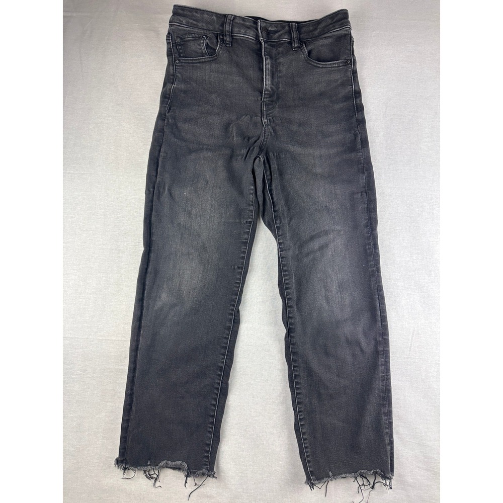 American Eagle Next Level Stretch Black High Rise Straight Frayed Hem Jeans 8S